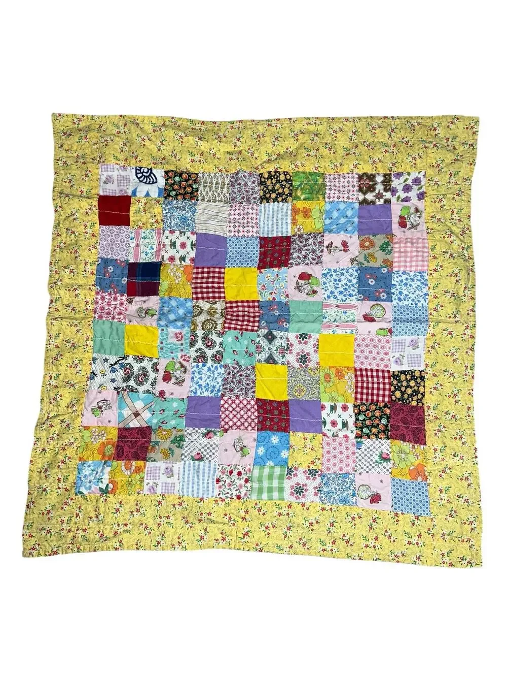 Vintage Patchwork Quilt for baby dolls yellow floral bunny cottage core 19x 19